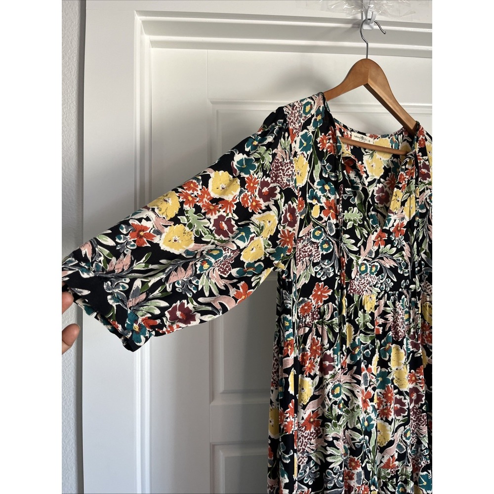 Natural Life Black Floral Tiered Maxi Dress  Necktie  Cottage Core Boho Chic  M - Picture 6 of 13